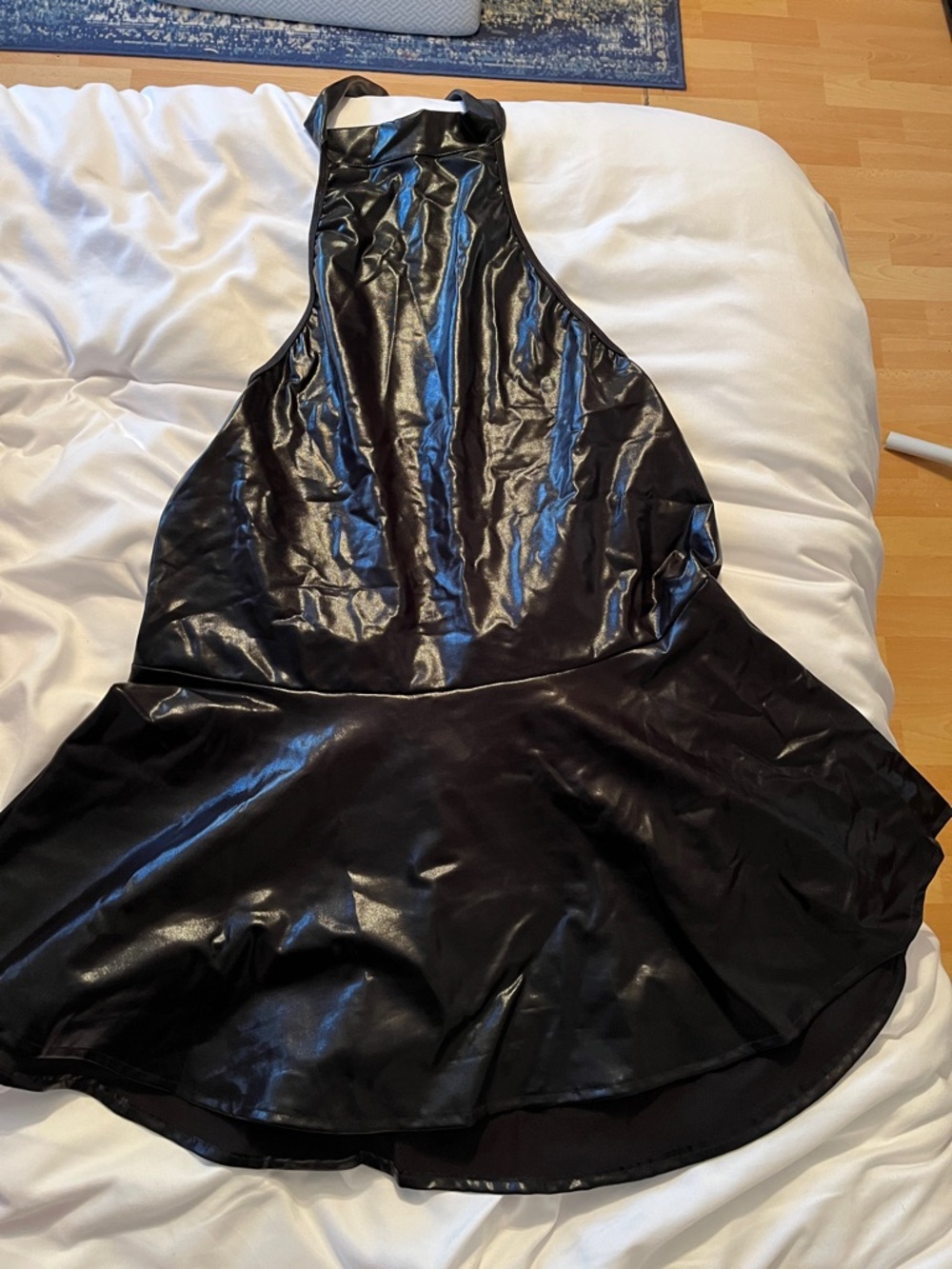 Shiny Black Faux Leather Halter Minidress